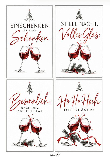 vier Weinetiketten mit Weihnachtsmotiven und Sprüchen in weiß, rot, grün zum Ausdrucken