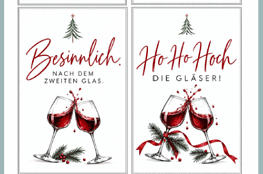 Vier Weinetiketten zum Ausdrucken mit Weihnachtsmottos, modern