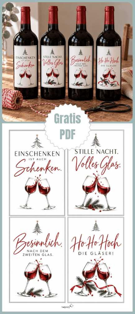 Vier Weinetiketten zum Ausdrucken mit Weihnachtsmottos, modern