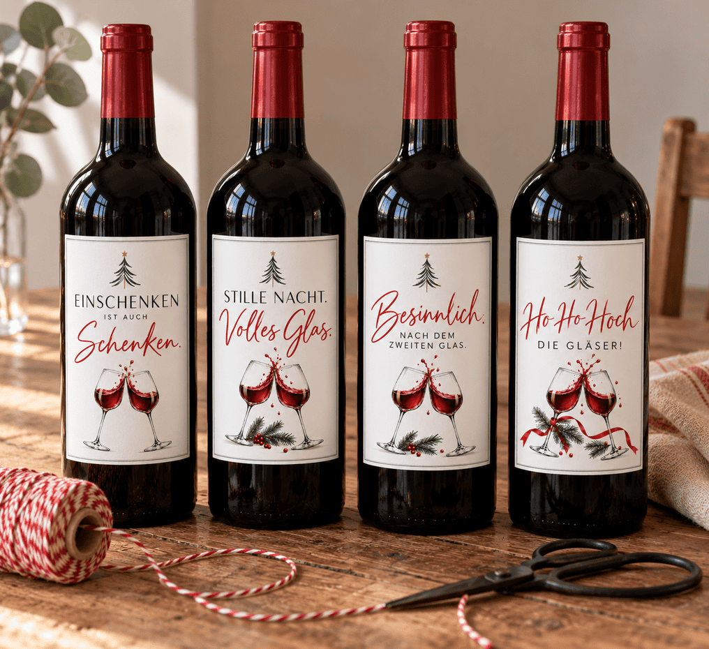 Die vier Weinlabels zu Weihnachten auf Rotweinflaschen dargestellt