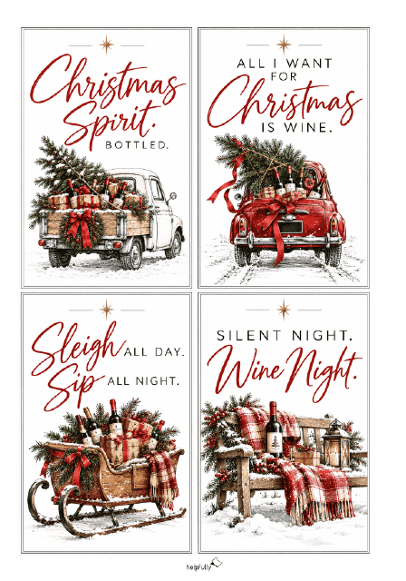 vier coole Weinetiketten mit nostalgischen Weihnachtsmotiven und Sprüchen in Englisch